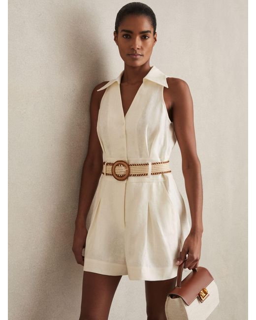 Reiss Natural Anjie - Cream Linen Belted Collar Playsuit, Us 14