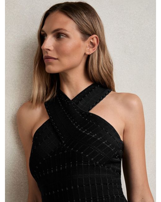 Reiss Blue Alex - Black Cross Neck Textured Top, L (us 12-14)