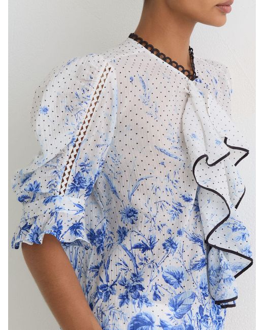 Reiss Minni - Ivory/blue Cotton Floral-print Ruffle Blouse, Us 4