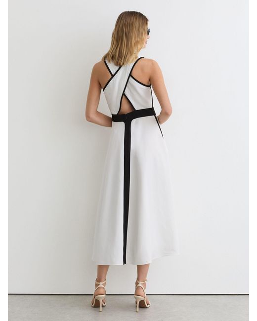 Reiss White Petite Contrast-Trim Cross-Back Midi Dress With Linen