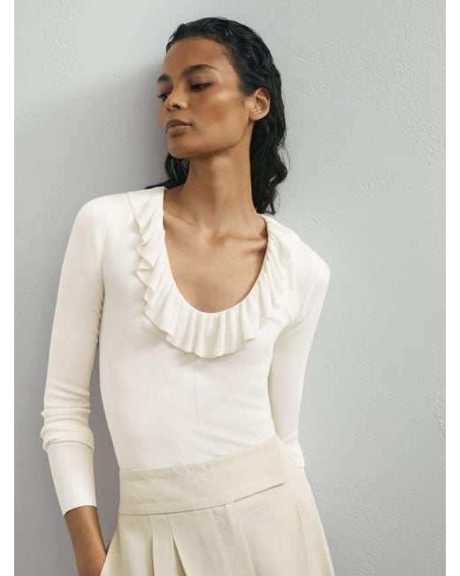ATELIER Gray Silk Blend Ruffle Neck Knitted Top
