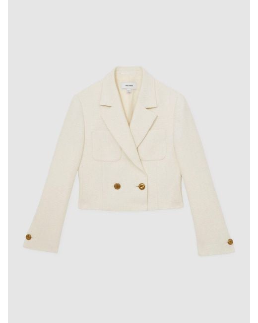 Reiss Natural Double-Breasted Textured Cropped Blazer With Wool And Cotton
