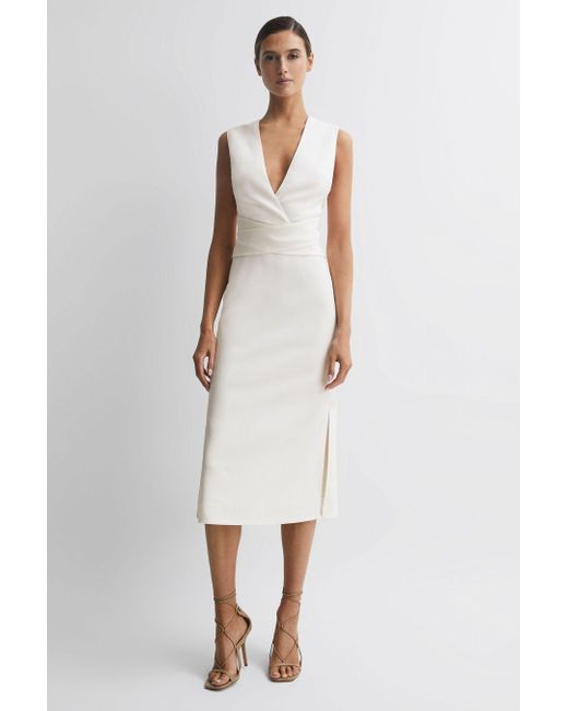 Reiss White Jayla V-neck Cross-over Stretch-woven Midi Dress