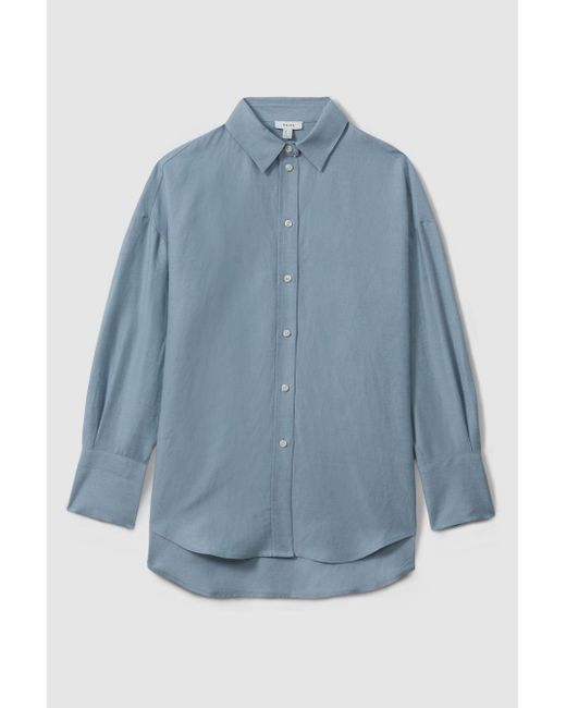 Reiss Sian - Blue Relaxed Fit Lyocell Linen Button Through Shirt