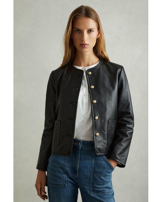 Reiss Black Gracie Jacket Leather Plain