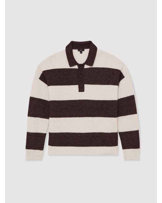 Reiss Black Chocolate & Off Waffle-Knit Stripe Half-Button Jumper With Wool for men