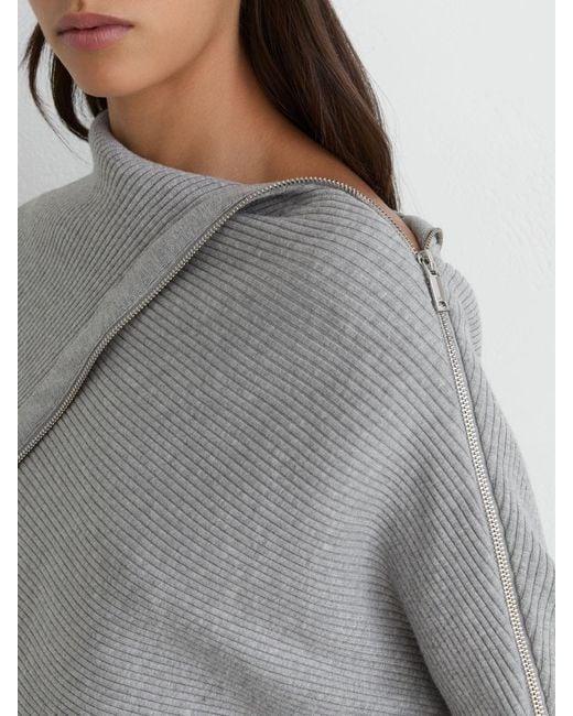 Reiss Gray Asymmetric Zip-Neck Rib-Knit Jumper