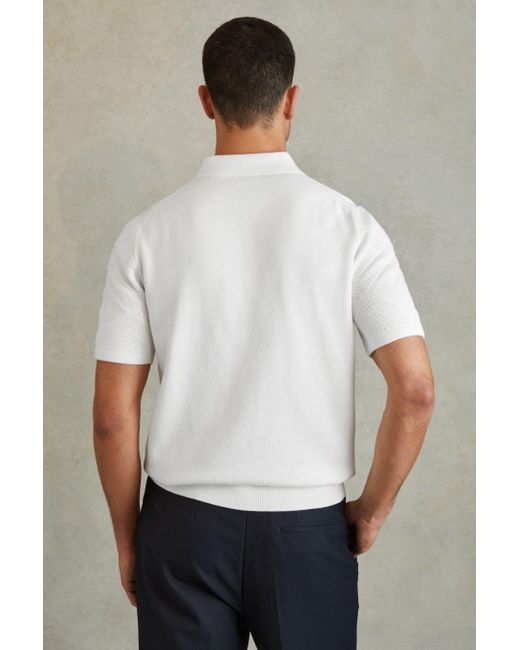 Reiss Lupton - Optic White Cotton Textured Press-stud Polo Shirt for men