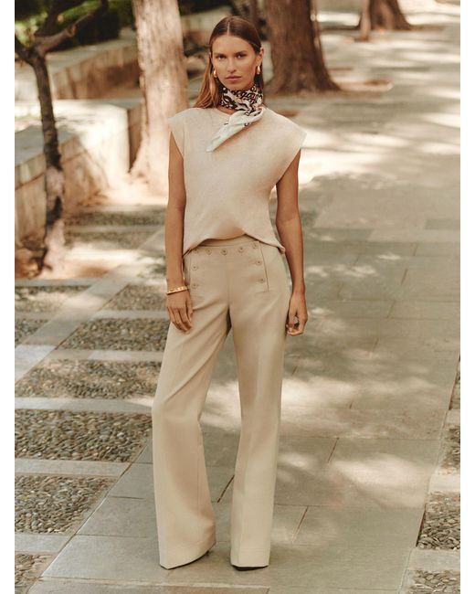 Reiss Natural Button-Detail Wide-Leg Trousers
