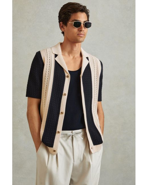 Reiss Multicolor Nicoli - Navy/stone Crochet Striped Cuban Collar Shirt for men