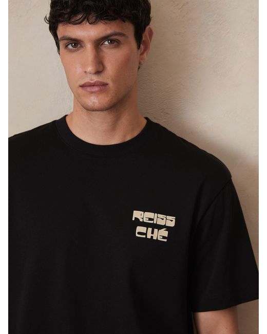 Reiss Brown Roda - Black | Ché Cotton Palm-print T-shirt, Large for men