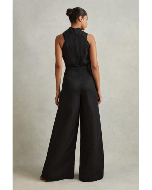 Reiss Selena - Black Linen Blend Drape Jumpsuit