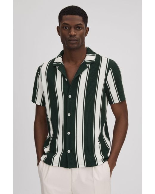Reiss Multicolor Alton - Green/white Slim Fit Ribbed Cuban Collar Shirt for men