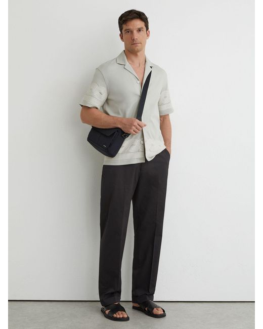 Reiss Gray Arden Cotton-Blend Embroidered Cuban-Collar Shirt for men