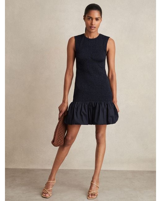 Reiss Blue Cotton Shirred Bubble-Hem Mini Dress
