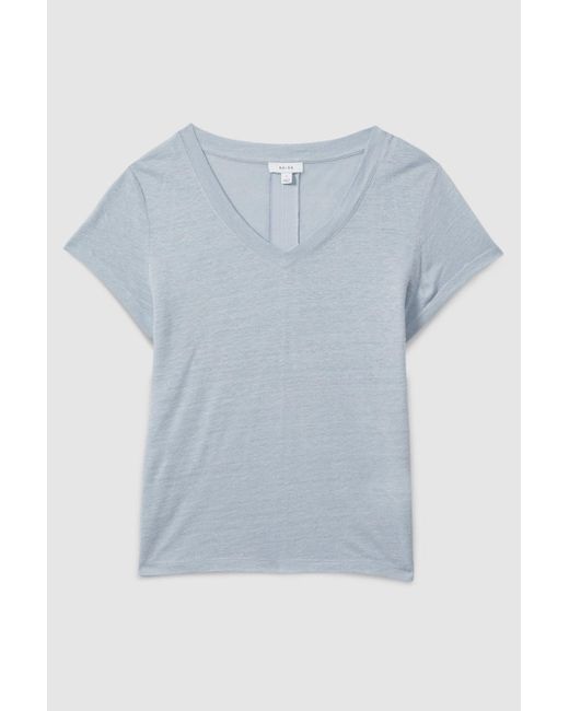 Reiss Lottie - Light Blue Marled Linen V-neck T-shirt, Xs