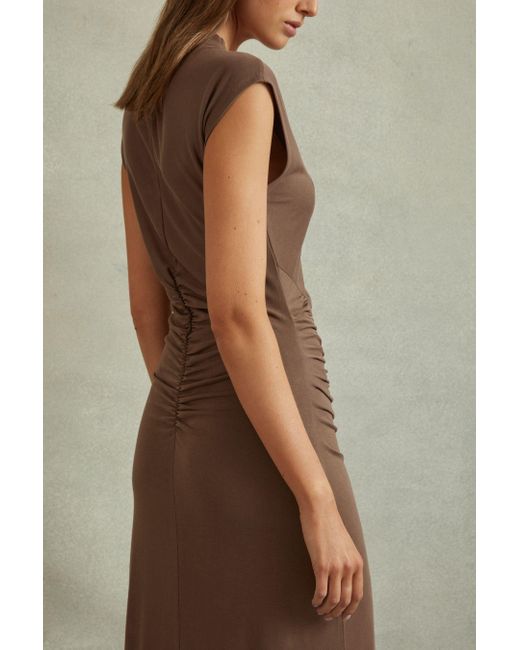 Reiss Natural Lenara - Chocolate Ruche Front Capped Sleeve Jersey Midi Dress