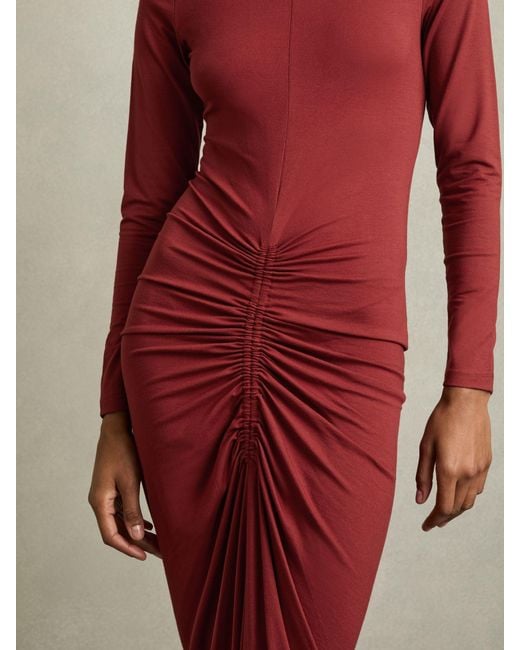 Reiss Red Ruched Jersey Midi Dress