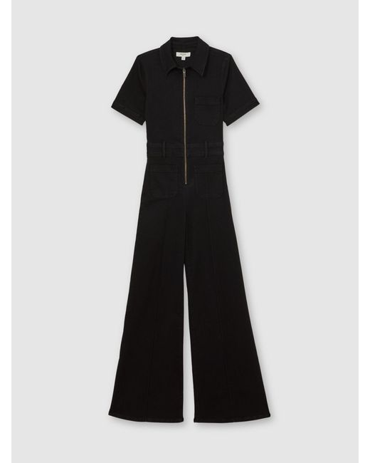 Reiss Black Wide-Leg Zip-Through Denim Jumpsuit