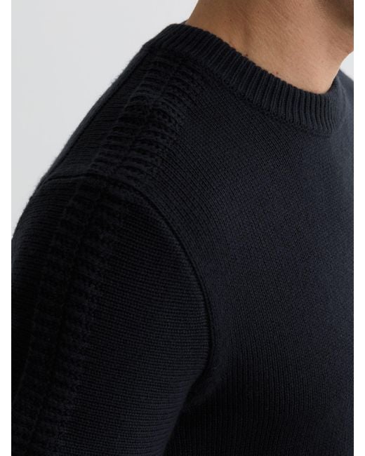 Reiss Black Wool-Blend Rib-Detail Crew-Neck Jumper for men