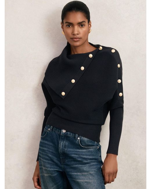 Reiss Blue Rib-Knit Button Shawl Jumper