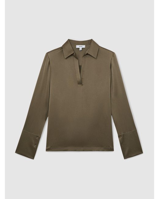 Reiss Brown Silk Open-Collar Blouse