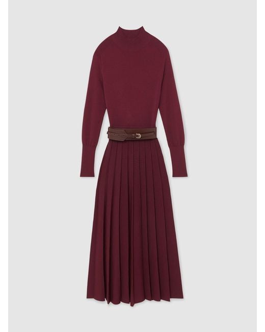 Reiss Red Petite Belted Knit Pleated Midi Dress