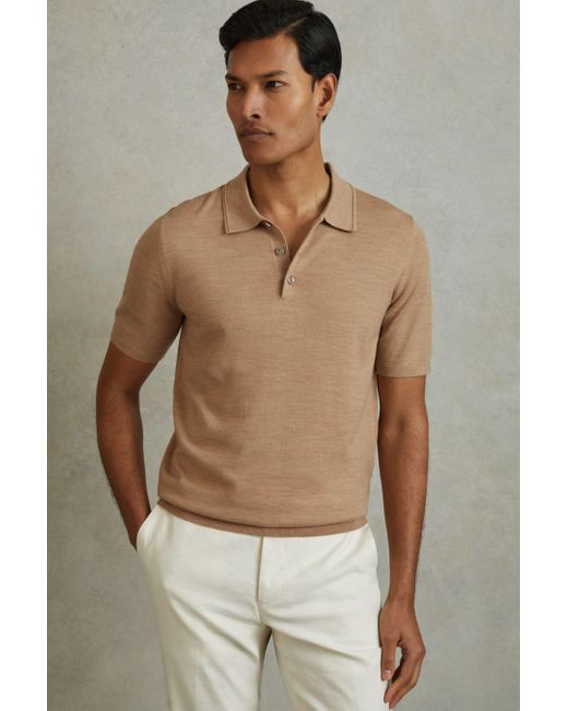 Reiss Brown Manor - Camel Melange Merino Wool Polo Shirt, S for men