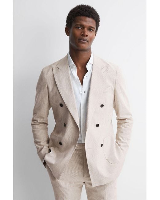 Reiss Natural Craft - Oatmeal Double Breasted Cotton-linen Check Blazer for men