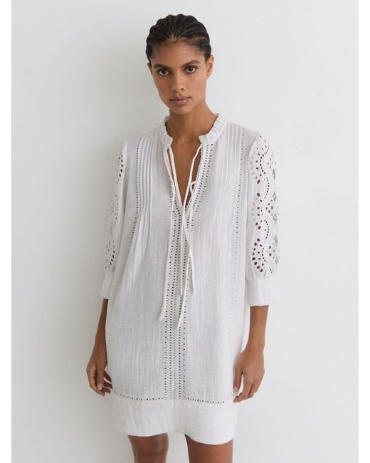 Reiss White Gia - Ivory Cotton Cheesecloth Broderie Mini Dress, Us 4