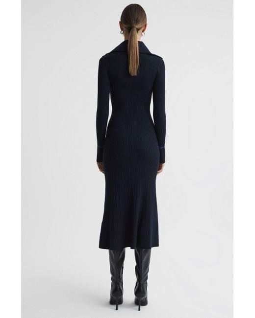 Reiss Blue Millie Ribbed Knitted Midi Dres