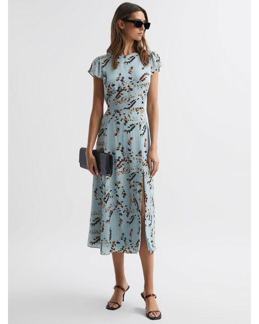 Reiss Blue Livia - Sage Livia Petite Floral Cut-out Back Midi Dress