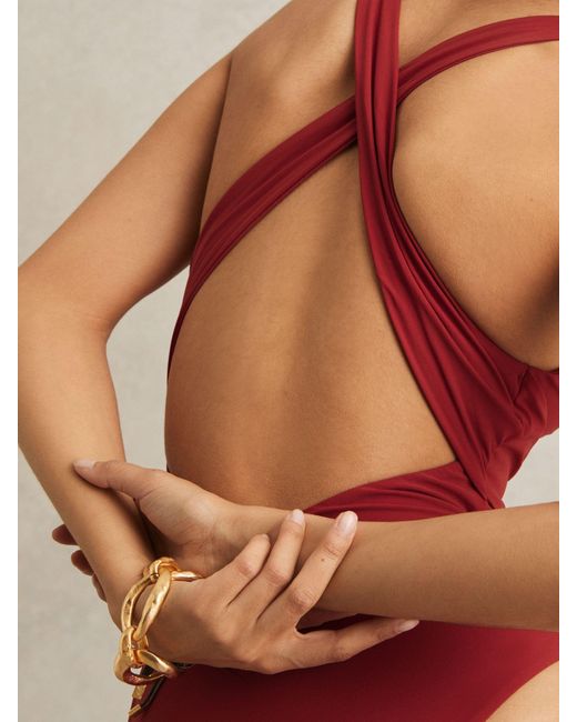 Reiss Red Plunge Halterneck Swimsuit
