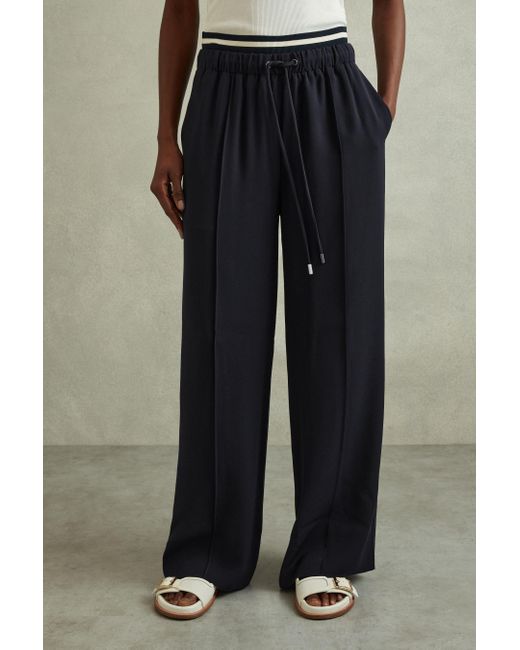 Reiss Blue Petite Waistband Detail Wide Leg Trousers