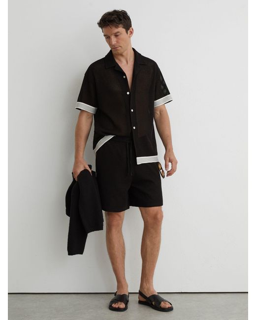 Reiss Black Cotton-Blend Tape-Trim Crochet Shirt for men