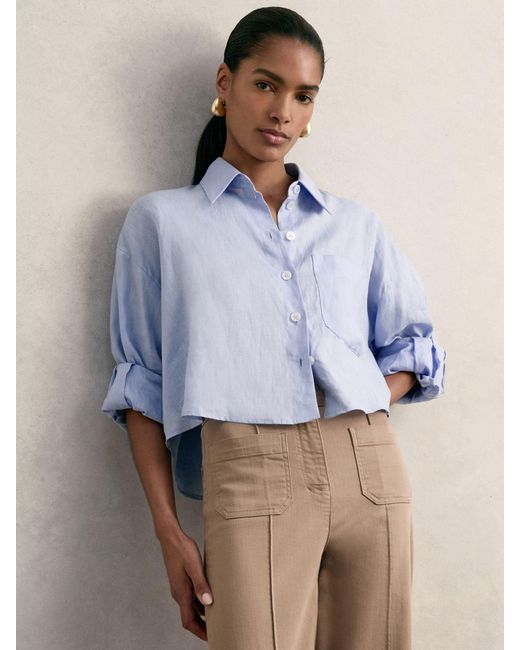 Reiss Blue Linen Oversize Cropped Shirt