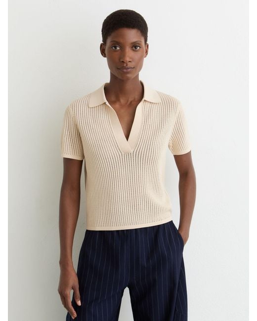 Reiss Blue Pippa - Ivory Open-stitch Knitted Polo Top, M (us 8-10)
