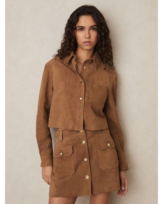 Reiss Brown Connie - Tan Suede Press-stud Cropped Shirt, Us 10
