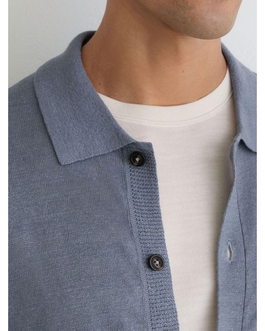 Reiss Blue Linen Button-Through Collared Cardigan for men