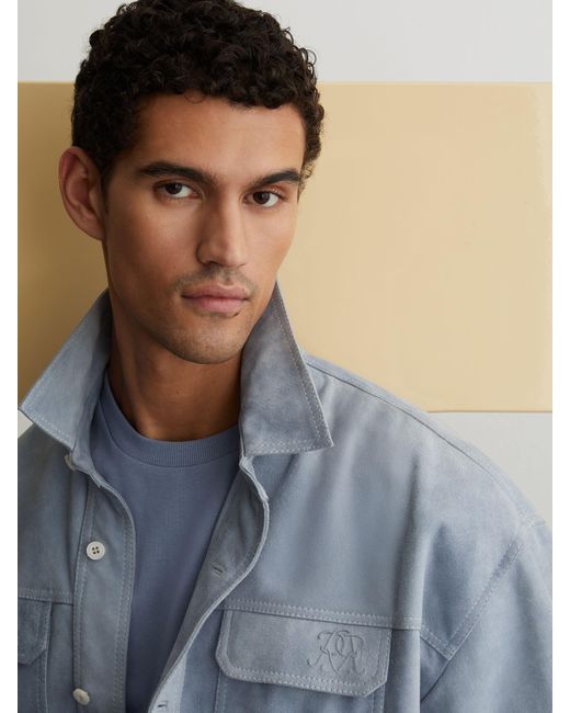 Reiss Delvin - Powder Blue Monogram Embossed Relaxed Suede Jacket, Xxl for men