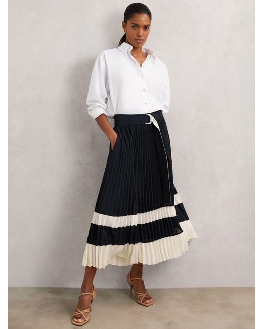 Reiss Blue Belted Pleated Midi Skirt