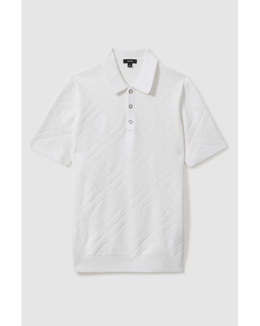 Reiss Lupton - Optic White Cotton Textured Press-stud Polo Shirt for men