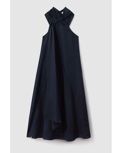 Reiss Blue Cosette - Navy Linen Blend Drape Midi Dress