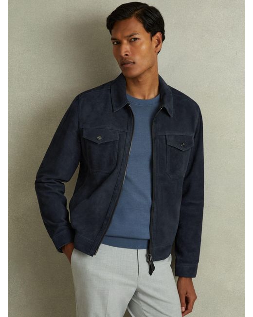 Reiss Pike - Indigo Blue Suede Zip Through Trucker Jacket for men