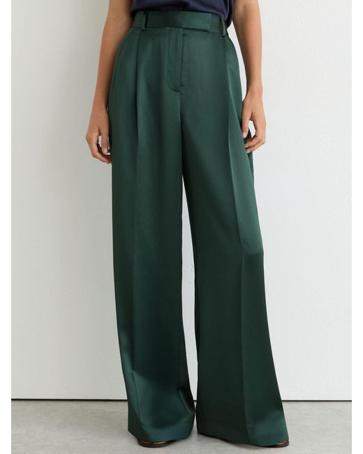 Reiss Green Petite Satin Wide-Leg Pleated Trousers