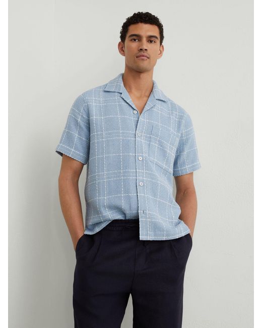 Reiss Blue Soft & Textured Check Cuban-Collar Shirt With Cotton for men
