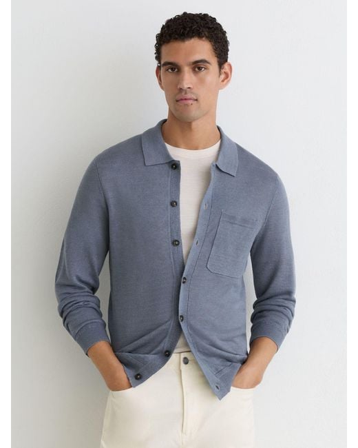 Reiss Blue Linen Button-Through Collared Cardigan for men
