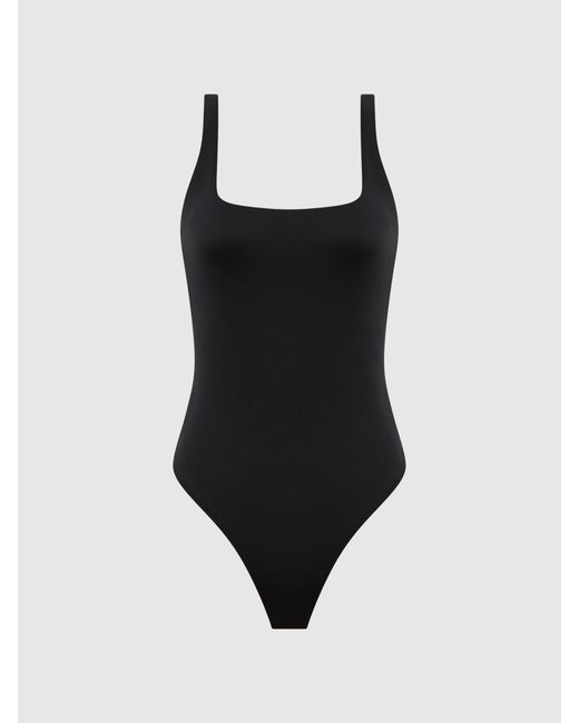 GOOD AMERICAN Black Scuba Tank Square Neckline Bodysuit
