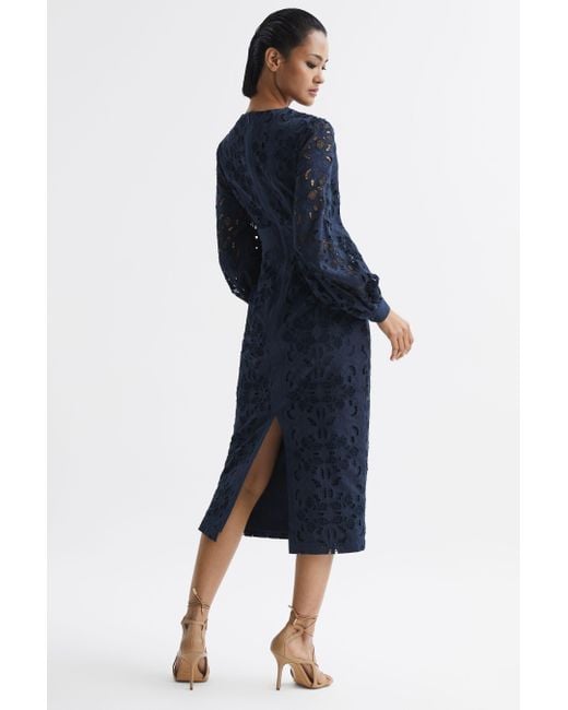 Reiss Blue Zena - Navy Lace Cut-out Midi Dress, Us 0