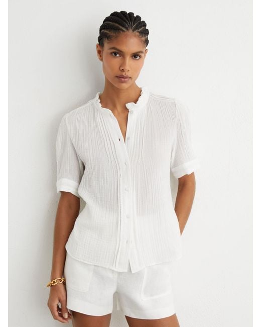Reiss Aurelia - White Cotton Cheesecloth Frill-neck Top, Us 4